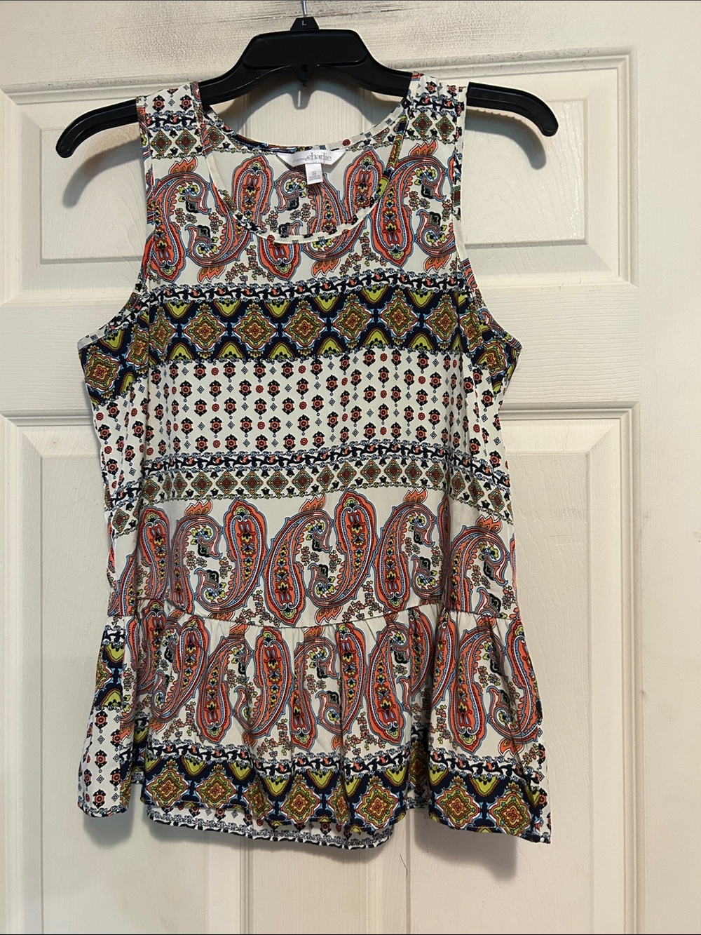 Charming Charlie White Paisley & Geometric Print Top Size Small